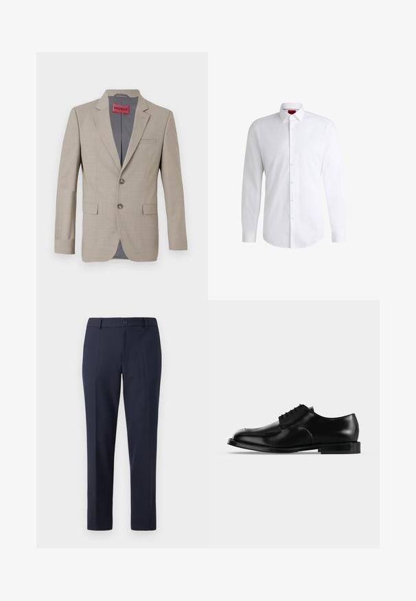 Beige blazer met twee knopen, met opstaande revers en een enkele borstzak. Gevoerd met grijze stof. Fijne geweven textuur.; Witte overhemden van soepel materiaal met een klassieke kraag, lange mouwen en een afgeronde zoom. Voorzien van beige knopen aan de voorkant.; Marineblauwe broek van gladde stof, met een rechte snit, riemlussen en een enkele knoopsluiting in de taille.; Zwarte leren herenschoenen met veters, gladde afwerking en lage hak, zijaanzicht op een effen lichte achtergrond.