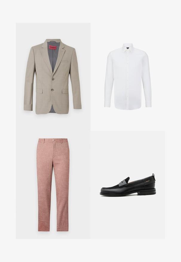 Beige Blazer mit zwei Knöpfen, mit Reverskragen und einer einzelnen Brusttasche. Mit grauem Stoff gefüttert. Subtile gewebte Struktur.; Weißes Langarmhemd aus glattem Stoff, mit klassischem Kragen und Knopfleiste, strukturiertem Schnitt und dezentem Glanz.; Rote strukturierte Hose mit geradem Bein, Fronttaschen und Knopfverschluss. Der Stoff hat ein gewebtes Muster für zusätzliche Details.; Schwarzer Lederloafer mit grauem Riemendetail, niedrigem Absatz und strukturierter Sohle, seitlich mit „HUGO“ in Gold gebrandmarkt.