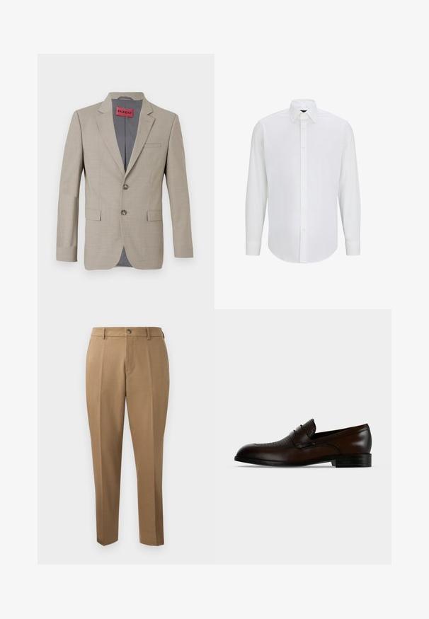 Blazer beige con dos botones, solapas de muesca y un solo bolsillo en el pecho. Forrado con tela gris. Sutil textura tejida.; Camisa de manga larga blanca hecha de tela suave con cuello estándar, cierre frontal de botones y dobladillo redondeado. Sin patrones ni acentos visibles.; Pantalones marrones a medida con corte recto, pinzas simples, trabillas para cinturón y cierre frontal con botón. Tela suave con una textura mate.; Mocasín de cuero marrón oscuro para hombre con parte superior texturizada y tacón bajo negro sobre un fondo liso gris claro.