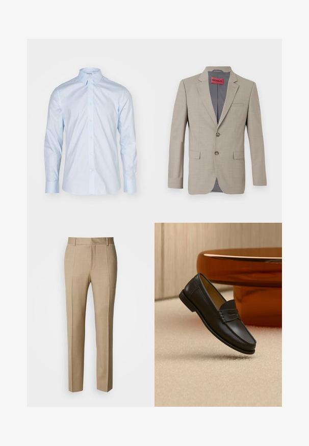 Beige Blazer mit zwei Knöpfen, mit Reverskragen und einer einzelnen Brusttasche. Mit grauem Stoff gefüttert. Subtile gewebte Struktur.; Himmelblaues Langarmhemd mit klassischem Kragen, durchgehender Knopfleiste und kontrastierenden Knöpfen; aus glattem Stoff mit frischer Oberflächenstruktur gefertigt.; Beige maßgeschneiderte Hose mit strukturierter Stoffqualität, flacher Front und geraden Beinen. Verfügt über Seitentaschen und Gürtelschlaufen und bietet einen eleganten Look.; Schwarzer Leder-Loafer, der über einem hellbeigen Teppich schwebt, mit bernsteinfarbenen modernen Möbeln im Hintergrund.