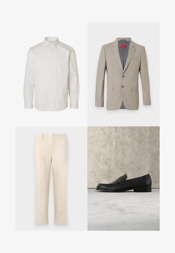 Beige blazer med to knapper, spidse lapels og en enkelt brystlomme. Foret med gråt stof. Subtil vævet tekstur.; Hvid skjorte med lange ærmer med beige lodrette striber, knapper foran, spids krave og manchetter med knapper.; Beige skræddersyede bukser i en tekstureret stof, med lynlås i gylfen, to frontlommer og et slankt, lige ben-design.; Sort lædersko i loafer-stil svæver over et beige tæppe med et blankt brunt rundt bord i baggrunden.
