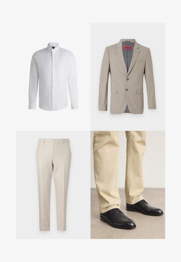 Beige Blazer mit zwei Knöpfen, mit Reverskragen und einer einzelnen Brusttasche. Mit grauem Stoff gefüttert. Subtile gewebte Struktur.; Weißes Langarmhemd aus glattem Baumwollstoff, mit klassischem Kragen, durchgehender Knopfleiste und geknöpften Manschetten. Minimalistisches Design.; Beige maßgeschneiderte Hosen aus strukturiertem Stoff, mit klassischem Schnitt, Bügelfalten und Eingrifftaschen.; Schwarze Leder Schnürschuhe mit runder Zehenform, glatter Oberfläche und dezenten Nähdetails, getragen mit hellbeigen Hosen.