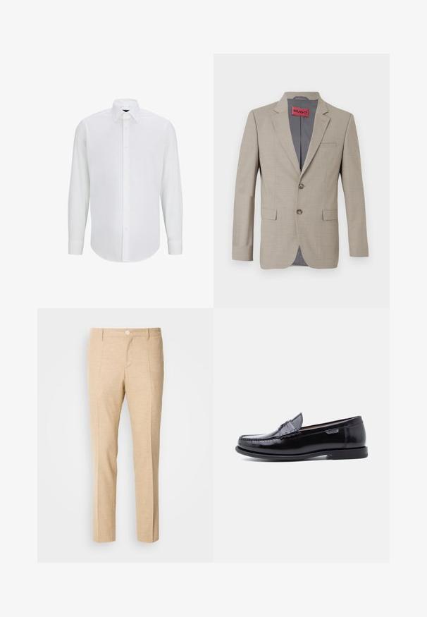 Beige blazer med to knapper, spidse lapels og en enkelt brystlomme. Foret med gråt stof. Subtil vævet tekstur.; Hvid langærmet skjorte lavet af glat stof med standard krave, frontlukning med knapper og afrundet kant. Ingen synlige mønstre eller accenter.; Beige skræddersyede bukser med en struktureret stof, lige ben-design, frontklapper og en enkelt knaplukning i taljen.; Sorte læderloafer med en blank finish, der har et syet mønster på tåen og en lav, tekstureret sort gummisål.
