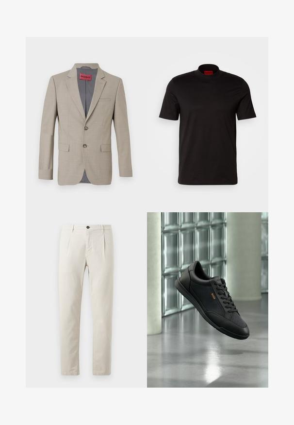 Beige blazer med to knapper, spidse lapels og en enkelt brystlomme. Foret med gråt stof. Subtil vævet tekstur.; Sort kortærmet t-shirt med høj hals design. Fremstillet af glat stof. Har et rødt mærke på indersiden af kraven.; Beige bomuldsbukser med lige ben, der har en enkelt sort knaplukning og to forlommer. Glat tekstur.; Sort BOSS sneaker med snøredesign, glatte og teksturerede paneler, vist ophængt indendørs med glasblokvæg i baggrunden.