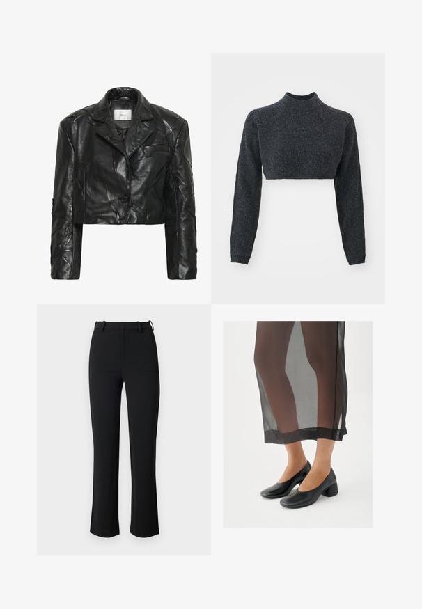 Skåret sort læderjakke med en struktureret, rynket finish, notch-krave, enkelt knaplukning og en brystlomme.; Kort turtleneck sweater i mørkegrå, med lange ærmer og tekstureret strikstof. Designet er figursyet og minimalistisk, uden synlige hardware.; Sorte bukser lavet af et glat, strækbart stof, med en tætsiddende talje, bæltesløjfer og let flared ben med sideslids.; Sorte sko med blokhæle og glat læderfinish, båret med et gennemsigtigt sort skørt med en ren kant og minimalistisk design.