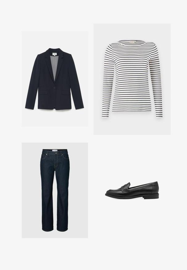 Blazer azul marino con un ajuste entallado, solapas de muesca, cierre de un solo botón, dos bolsillos frontales y una textura de tela suave.; Camisa de manga larga a rayas hecha de tela suave, con rayas horizontales en azul marino y blanco, escote redondo y un diseño ajustado.; Vaqueros azul oscuro de corte recto, con cinco bolsillos, cierre de botones y costuras en contraste, mostrados sobre un fondo liso.; Mocasines de piel negra con una textura suave, que presentan un detalle trenzado en la parte superior y un tacón bajo y redondeado. Diseño y forma simples.