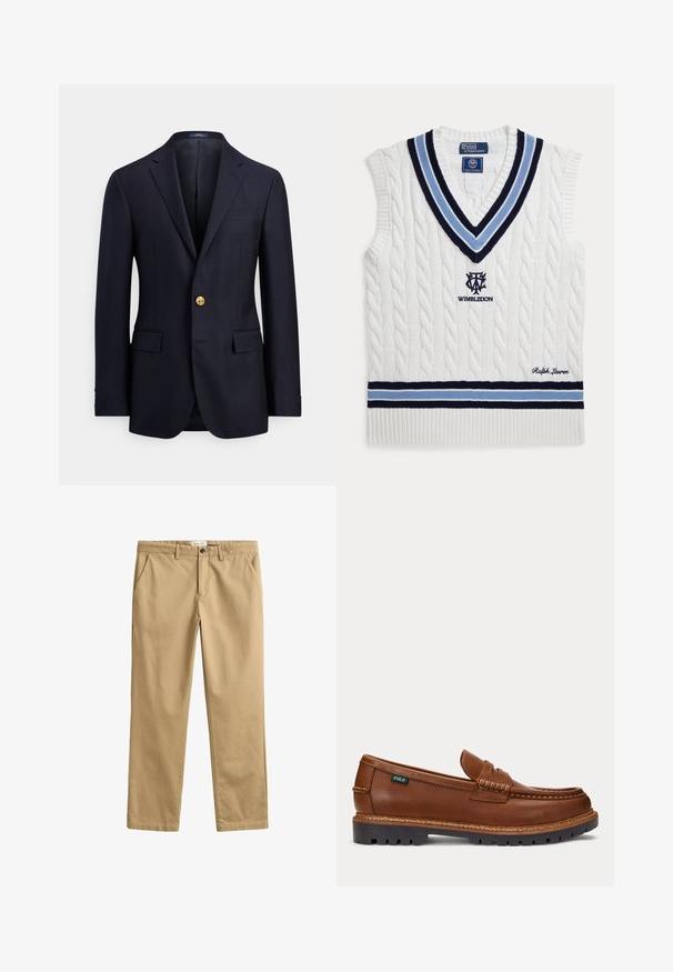 Marineblazer aus glattem Stoff mit zwei Fronttaschen, gekerbtem Revers und goldener Knopfleiste. Innenfutterloses Design mit minimalistischem Stil.; Weißer ärmelloser Pullover mit Zopfmuster, blauen und schwarzen Streifen, Wimbledon-Logo und Ralph Lauren Stickerei.; Beige gerade Hose mit Gürtelschlaufen, Fronttaschen, Knopfverschluss und Reißverschluss.; Brauner Lederloafer mit aufgenähten Details, robuster schwarzer Sohle und kleinem "Polo"-Etikett an der Seite.