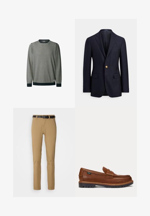 Marineblazer aus glattem Stoff mit zwei Fronttaschen, gekerbtem Revers und goldener Knopfleiste. Innenfutterloses Design mit minimalistischem Stil.; Gestreifter Langarm-Pullover in Creme und Marineblau, Rundhalsausschnitt, mit horizontalen Linien, gerippten Bündchen und Saum, weicher Textur.; Khakihosen mit schmaler Passform, aus glattem Material gefertigt. Mit einem schwarzen Gürtel, zwei frontalen Taschen und einem geraden Beinverlauf.; Brauner Lederloafer mit aufgenähten Details, robuster schwarzer Sohle und kleinem "Polo"-Etikett an der Seite.