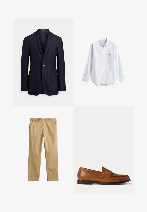 Blazer azul marino de tela suave, con dos bolsillos delanteros, solapas con muesca y cierre con botón dorado. Interior sin forro con un diseño minimalista.; Camisa de manga larga color azul claro hecha de algodón. Cuenta con un bolsillo en el pecho izquierdo y un cuello clásico con un pequeño detalle de marca.; Pantalones beige de corte recto con trabillas, bolsillos delanteros, cierre de botón y cremallera.; Zapato tipo mocasín penny loaf de cuero marrón con tacón bajo y detalles cosidos en la parte frontal y los laterales, mostrado de lado sobre un fondo blanco.