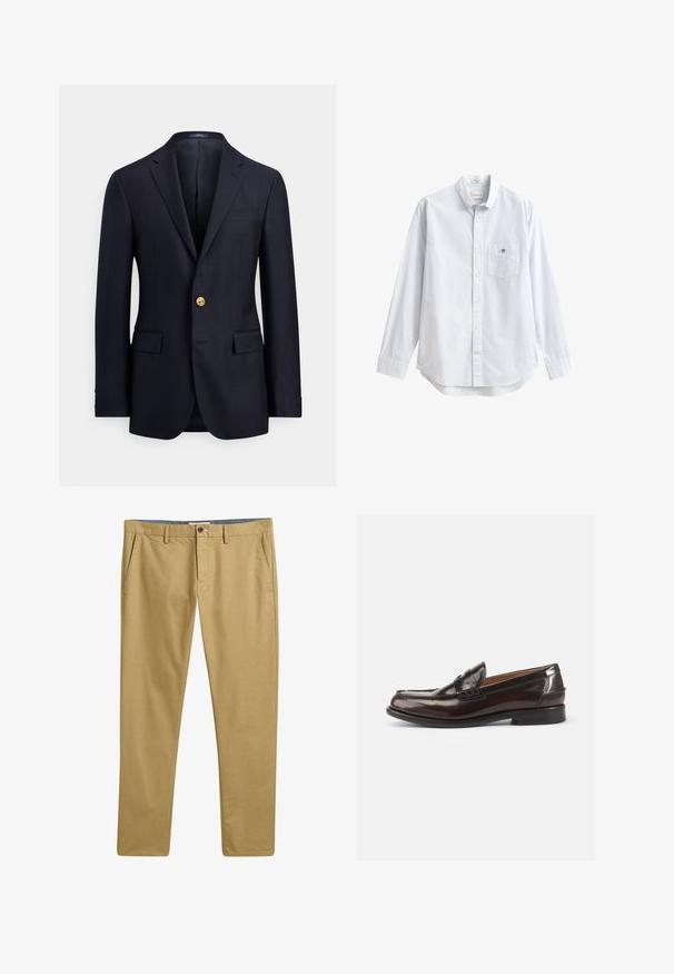 Marineblå blazer lavet af glat stof med to forlommer, hakkede revers og lukning med en guldknap. Uforet inderside med et minimalistisk design.; Lyseblå skjorte med lange ærmer og knapper, lavet af bomuld. Har en lomme på venstre bryst og en klassisk krave med et lille brandingsdetalje.; Khaki chinos med en glat tekstur, lige ben design, forlommer og knaplukning. Struktureret talje med bæltestropper.; Brune læder loafers med en blank finish, et syet design ved tåen og en lav hæl. Der er også en præget brandingdetalje på siden.