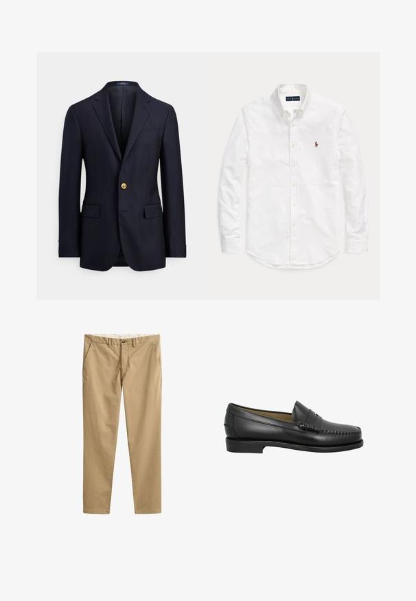 Blazer azul marino de tela suave, con dos bolsillos delanteros, solapas con muesca y cierre con botón dorado. Interior sin forro con un diseño minimalista.; Camisa blanca de manga larga con botones, cuello y pequeño logotipo bordado en el pecho izquierdo, colocada plana sobre fondo liso.; Pantalones chinos beige de corte recto con trabillas para cinturón, botón frontal, cierre de cremallera y bolsillos laterales, mostrados extendidos sobre un fondo blanco.; Mocasines de cuero negro con punta redondeada, costuras decorativas y una suela baja y plana. Textura suave, diseño minimalista sin adornos.