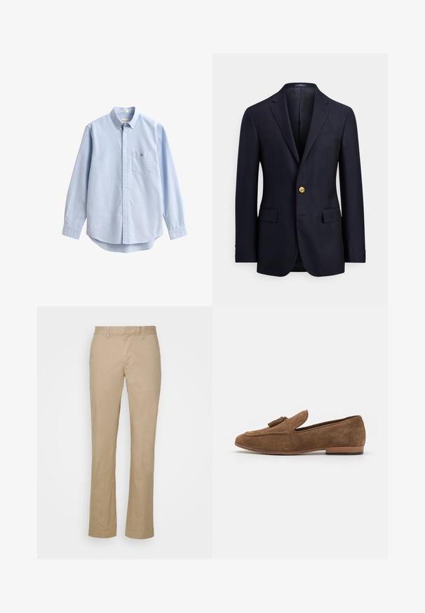 Marineblå blazer lavet af glat stof med to forlommer, hakkede revers og lukning med en guldknap. Uforet inderside med et minimalistisk design.; Lyseblå bomuldsskjorte med knapper. Har en brystlomme, lange ærmer og en klassisk krave. Glat tekstur med afrundet kant.; Beige lige bukser i bomuldsstof med flad front og bæltestropper. Har en enkelt knaplukning og opretstående mansjetter.; Brune mokkasiner i ruskind med frynseaccent, lav profil, rund tå og en tekstureret overflade, sat på en træstabelhæl.