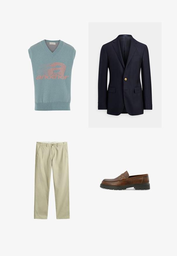 Marineblazer aus glattem Stoff mit zwei Fronttaschen, gekerbtem Revers und goldener Knopfleiste. Innenfutterloses Design mit minimalistischem Stil.; Helles blaues ärmelloses Stricktop mit V-Ausschnitt, das ein rosa grafisches Design mit dem Wort "another" und einem Geschwindigkeitsmotiv zeigt. Gerippter Saum.; Beige Chinos mit geradem Bein, Gürtelschlaufen, vorderem Knopf- und Reißverschluss sowie Seitentaschen, flach auf weißem Hintergrund liegend.; Brauner Lederlofer mit texturierter Oberfläche, abgerundeter Zehenpartie und robustem schwarzen Gummisole; zeichnet sich durch minimale Nähte und ein zeitloses Design aus.
