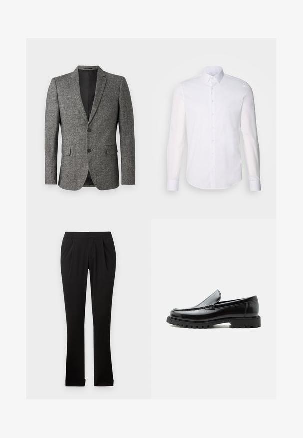 Lindbergh Americana - black mix; Camisa blanca de manga larga y botones, hecha de algodón, que presenta un cuello clásico, botones en la parte delantera y un detalle de costura minimalista.; Pantalones negros de tela suave con cinturilla elástica, perneras rectas, pliegues frontales y dobladillos vueltos. Diseño sencillo y versátil.; Mocasín de cuero negro con suela de goma gruesa, empeine cosido y nombre de la marca en relieve en el talón, mostrado en perfil lateral sobre fondo blanco.