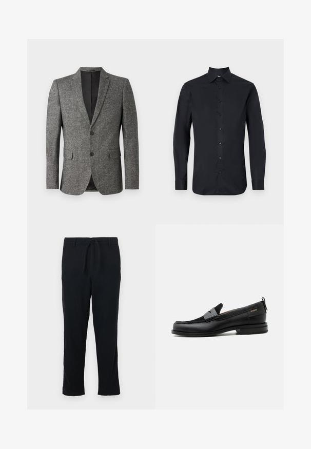 Lindbergh Americana - black mix; Camisa negra de manga larga fabricada en una tela suave, con un cuello clásico, cierre frontal de botones y puños abotonados.; Pantalones negros de tela suave con cintura ajustable, diseño de pierna recta y dobladillo simple sin bolsillos ni adornos.; Mocasín de cuero negro con detalle de tira gris, tacón bajo y suela texturizada, con la marca "HUGO" en oro en el lateral.