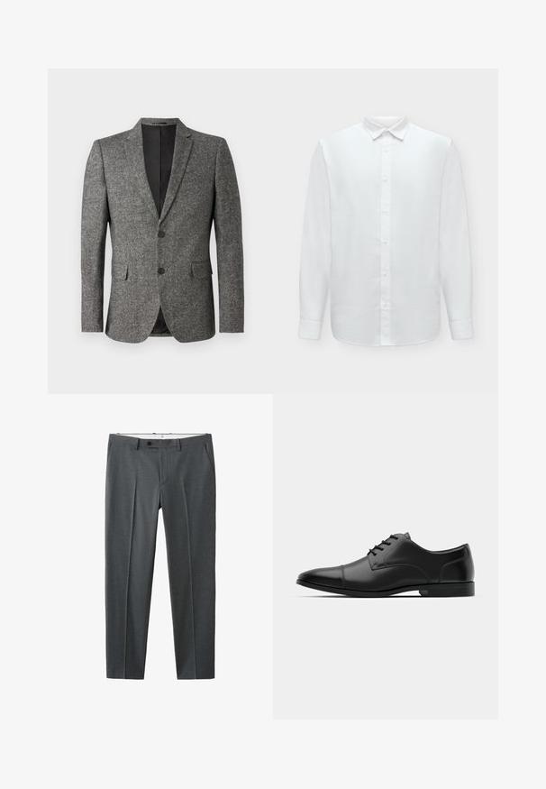 Lindbergh Veste de costume - black mix; Chemise blanche à manches longues avec patte de boutonnage et col, présentée sur un fond clair uni.; Pantalon formel gris foncé avec fermeture par bouton et fermeture éclair, passants pour ceinture, poches latérales et plis à l’avant, suspendu sur un cintre.; Chaussure habillée en cuir noir avec un bout arrondi, texture lisse, six œillets et une semelle noire basse. Présente une couture discrète sur le bout.