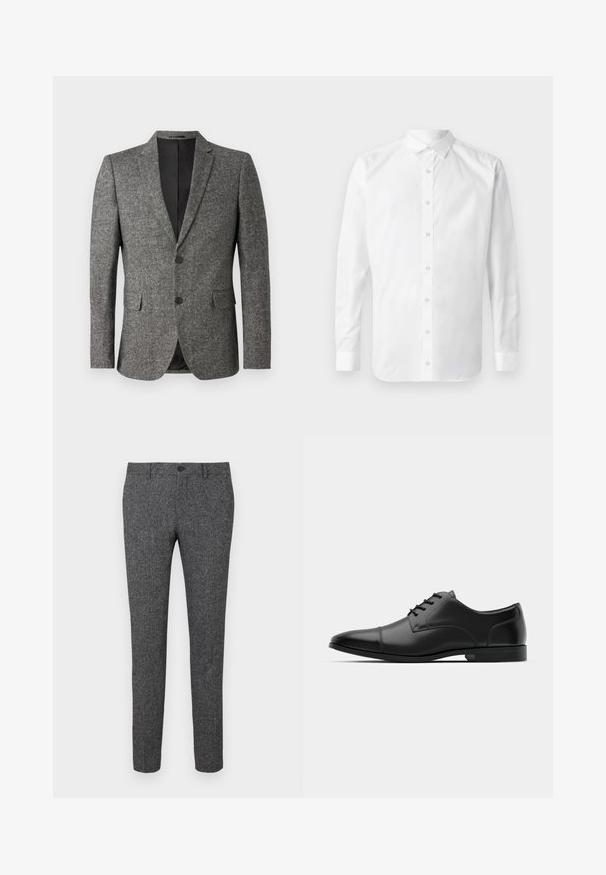 Lindbergh Veste de costume - black mix; Chemise blanche à manches longues, à col classique, avec une patte de boutonnage à l'avant et une texture en coton lisse.; Lindbergh PANTS - Pantalon classique - black; Chaussure habillée en cuir noir avec un bout arrondi, texture lisse, six œillets et une semelle noire basse. Présente une couture discrète sur le bout.