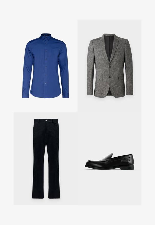 Lindbergh Americana - black mix; Camisa de manga larga y cuello en tejido azul oscuro con una textura suave, con cierre de botones en la parte delantera y dobladillo redondeado. Brillo sutil en el tejido.; Pantalones de pana negra con un diseño de pierna recta, que cuentan con cinco bolsillos y un cierre de botón metálico. Textura suave con estrías verticales.; Mocasín negro de cuero tipo slip-on con tacón bajo, punta redondeada y costura decorativa a lo largo del borde superior.