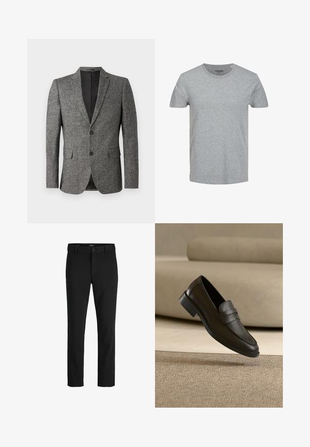 Lindbergh Veste de costume - black mix; T-shirt gris à manches courtes en coton doux. Doté d'un col ras du cou classique et d'une coupe régulière. Design simple sans motifs ni accents.; Pantalon noir slim-fit avec passants pour ceinture, fermeture par bouton et devant lisse.; Chaussure loafer en cuir noir reposant sur un tapis beige avec un canapé beige courbé en arrière-plan.