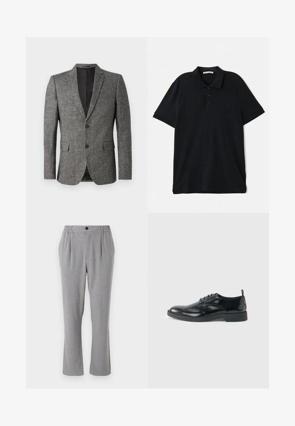 Lindbergh Americana - black mix; Polo negro de algodón, con cuello clásico, tapeta de tres botones, mangas cortas y un discreto detalle del logo en la parte frontal.; Pantalones grises con tejido texturizado, con cierre de botón y cintura elástica. Diseño de pierna recta con pliegues laterales.; Zapato de vestir negro de cuero brillante con tacón bajo, cierre de cordones y puntera redonda, mostrado de lado sobre un fondo claro y liso.