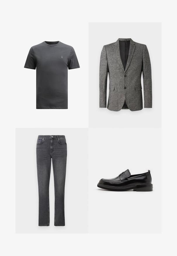 Lindbergh Σακάκι τύπου μπλέιζερ - black mix; AllSaints BRACE CREW - Βασικό μπλουζάκι - CARTER GREY; Γκρι τζιν παντελόνι με σχέδιο ίσιας γραμμής, πέντε τσέπες και διακριτές ραφές. Το ύφασμα έχει λεία υφή.; Calvin Klein MOCCASIN - Έξυπνα slip-on παπούτσια - black
