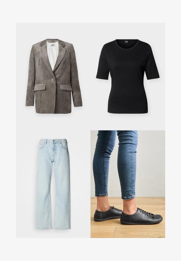 Grijze corduroy blazer met notch lapels, een enkele knoopsluiting en twee voorzakken, met een verticale ribbeltextuur. Gevoerd interieur.; Zwart nauwsluitend T-shirt met korte mouwen en een ronde hals, met een merklabel aan de binnenkant van de achterkraag.; Lichtblauwe jeans met wijd uitlopende pijpen, gemaakt van denim. Voorzien van een klassiek ontwerp met vijf zakken, broekriemlussen en een knoopsluiting. Licht verweerde uitstraling.; Zwarte leren schoenen met een ronde neus, lage profiel en vetersluiting. Gecombineerd met blauwe, aansluitende jeans en een houten vloer als achtergrond.