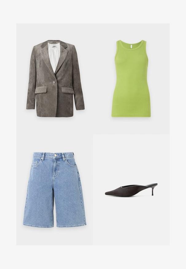 Grå fløjl blazer med notch lapeller, en enkelt knaplukning og to forlommer, med vertikal ribbet tekstur. Foret indre.; Grøn tanktop lavet af ribbet bomuld, med rund halsudskæring og ærmeløs design. Glat tekstur med en tætsiddende form.; Lysblå denimshorts med en løs pasform, høj talje, frontlommer og dobbelt-syet kant. Glat tekstur med et klassisk design.; Sort mule-sko med spids tå, lav stilet-hæl og glat finish, vist fra siden på en hvid baggrund.