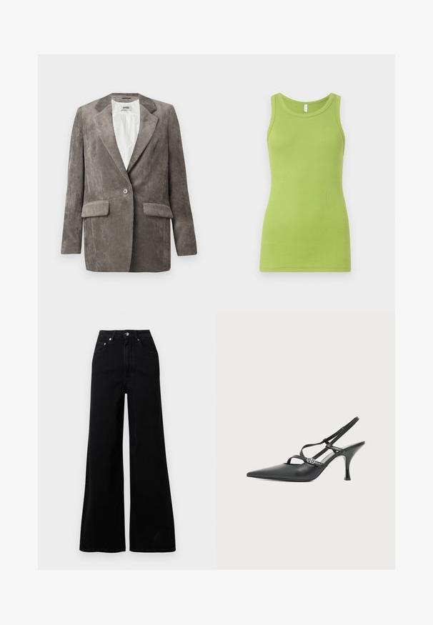 Grå fløjl blazer med notch lapeller, en enkelt knaplukning og to forlommer, med vertikal ribbet tekstur. Foret indre.; Grøn tanktop lavet af ribbet bomuld, med rund halsudskæring og ærmeløs design. Glat tekstur med en tætsiddende form.; Sorte jeans med vide ben lavet af denim, med høj talje, fem lommer, knaplukning foran og minimal syning.; Sort læder højhælet slingback sko med spids tå, tynde stropper og en lille sølv spænde på en ensfarvet hvid baggrund.