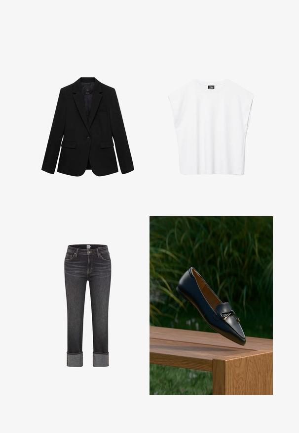 Schwarzer Blazer aus gewebtem Stoff mit Reverskragen, Ein-Knopf-Verschluss, zwei Fronttaschen und einer Brusttasche.; Weißes ärmelloses Crop-Top mit Rundhalsausschnitt, breiten Schultern und schwarzem "B6"-Etikett an der Innenseite des Kragens.; Dunkelgraue gerade geschnittene Jeans mit umgeschlagenen Säumen, vorderem Knopf und Reißverschluss, Gürtelschlaufen sowie Vorder- und Gesäßtaschen.; Schwarzer Lederloafer mit Schleifendetail, der über einer Holzbank schwebt, mit grünem Gras und Pflanzen im Hintergrund.