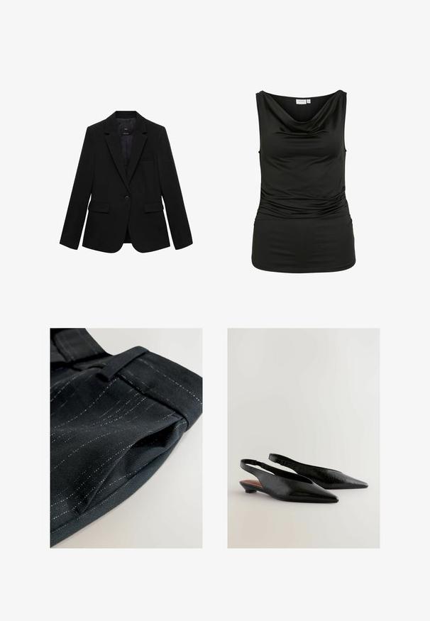 Veste noire en tissu tissé avec un col à revers cranté, une fermeture à un bouton, deux poches avant et une poche poitrine.; Haut noir sans manches avec encolure drapée et côtés froncés, en tissu lisse, étiquette « VILA » au col arrière.; Pantalon en tissu noir présentant un motif à fines rayures blanches, avec une vue rapprochée mettant en valeur la texture et les détails des coutures.; Des chaussures à talons ouverts noires avec un design à bout pointu, présentant une surface texturée et un petit talon carré. L'intérieur a un accent marron.