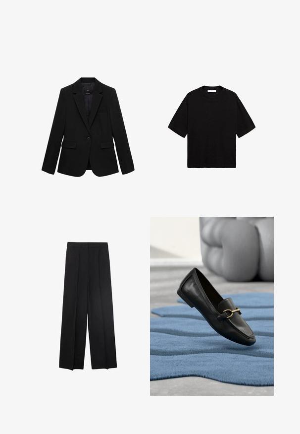 Sort blazer lavet af vævet stof med en reverskrave, enkeltknapslukning, to frontlommer og en brystlomme.; Sort bomulds T-shirt med afslappet pasform, korte ærmer og rund halsudskæring. Glat tekstur med et enkelt, ensfarvet design.; Bredde ben sorte bukser med en glat tekstur, med plisseringer foran og en høj talje-design. Ingen synlige lommer eller hardware.; Sort læderloafer med guldbeslag flydende over et tekstureret blåt tæppe, blød grå pude sløret i baggrunden.