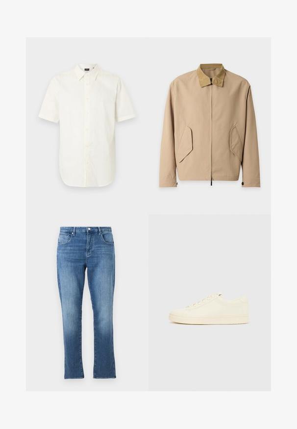Veste marron clair zippée avec col en velours côtelé beige et poches à rabat inclinées sur le devant, manches longues avec poignets boutonnés.; Chemise blanche à manches courtes avec col pointu, boutons sur le devant et ourlet droit, posée sur un fond uni.; Jean en denim bleu avec une coupe droite, fermeture avant par bouton et fermeture éclair, et conception à cinq poches, présenté sur un fond uni clair.; Baskets couleur crème avec une tige en cuir lisse, bout arrondi, laçage à l'avant et semelle en caoutchouc texturée. Design minimaliste, sans logo.