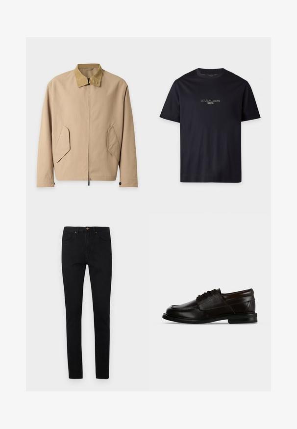 Veste marron clair zippée avec col en velours côtelé beige et poches à rabat inclinées sur le devant, manches longues avec poignets boutonnés.; T-shirt noir à manches courtes avec col rond, texte "EMPORIO ARMANI MILANO" centré sur la poitrine en petite police blanche.; Jean noir coupe slim en denim, doté d'un design classique à cinq poches, de ferrures dorées et d'une texture lisse et uniforme.; Chaussure habillée en cuir marron foncé à lacets, bout arrondi et petit talon empilé, vue de profil.