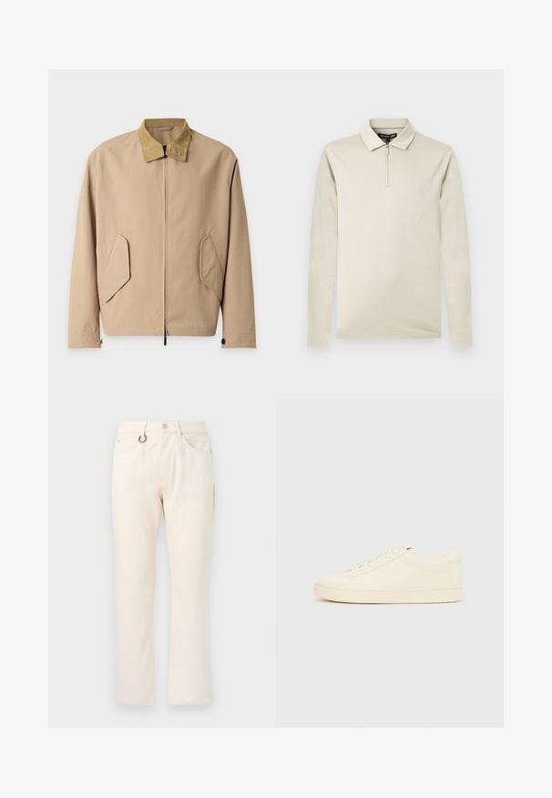 Veste marron clair zippée avec col en velours côtelé beige et poches à rabat inclinées sur le devant, manches longues avec poignets boutonnés.; Polo à manches longues crème en tissu doux, dotée d'un col zippé et d'une texture lisse, avec une coupe ajustée et un design minimaliste.; Pantalon beige à jambe droite avec cinq poches, passants pour ceinture, fermeture par bouton et un porte-clés rouge attaché à la poche avant gauche.; Baskets couleur crème avec une tige en cuir lisse, bout arrondi, laçage à l'avant et semelle en caoutchouc texturée. Design minimaliste, sans logo.