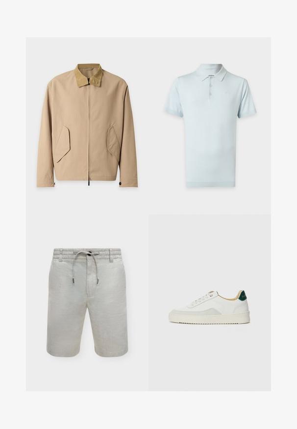 Veste marron clair zippée avec col en velours côtelé beige et poches à rabat inclinées sur le devant, manches longues avec poignets boutonnés.; Polo bleu clair à manches courtes avec trois boutons et un col, présenté sur un fond blanc.; Short beige longueur genou avec ceinture élastique, cordon de serrage réglable, passants de ceinture et fermeture avant par boutons.; Baskets blanches avec des accents en daim, bout arrondi, lacets plats et semelle en caoutchouc crème. Présente une marque verte sur le talon.