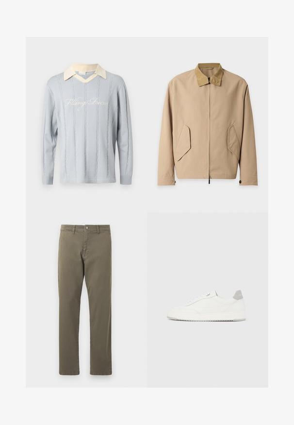 Veste marron clair zippée avec col en velours côtelé beige et poches à rabat inclinées sur le devant, manches longues avec poignets boutonnés.; Pull en maille bleu clair avec motifs à câbles verticaux, col en V couleur crème, et texte cursif "Filling Pieces" sur la poitrine.; Pantalon en coton vert olive avec une coupe droite, poches avant, passants de ceinture et fermeture à bouton en métal à la taille.; Baskets basses blanches avec un onglet de talon gris, des lacets blancs et une semelle texturée, présentées sur un fond uni clair.