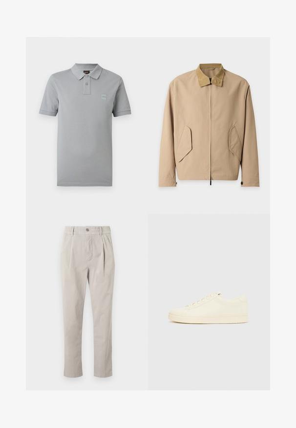 Veste marron clair zippée avec col en velours côtelé beige et poches à rabat inclinées sur le devant, manches longues avec poignets boutonnés.; Polo gris clair à manches courtes avec deux boutons, un col, et un petit logo embossé sur la poitrine gauche.; Pantalon en coton gris clair avec une coupe décontractée, doté d'une fermeture à bouton, d'un devant plissé et d'un ourlet à la cheville. Texture lisse, accents minimaux.; Baskets couleur crème avec une tige en cuir lisse, bout arrondi, laçage à l'avant et semelle en caoutchouc texturée. Design minimaliste, sans logo.