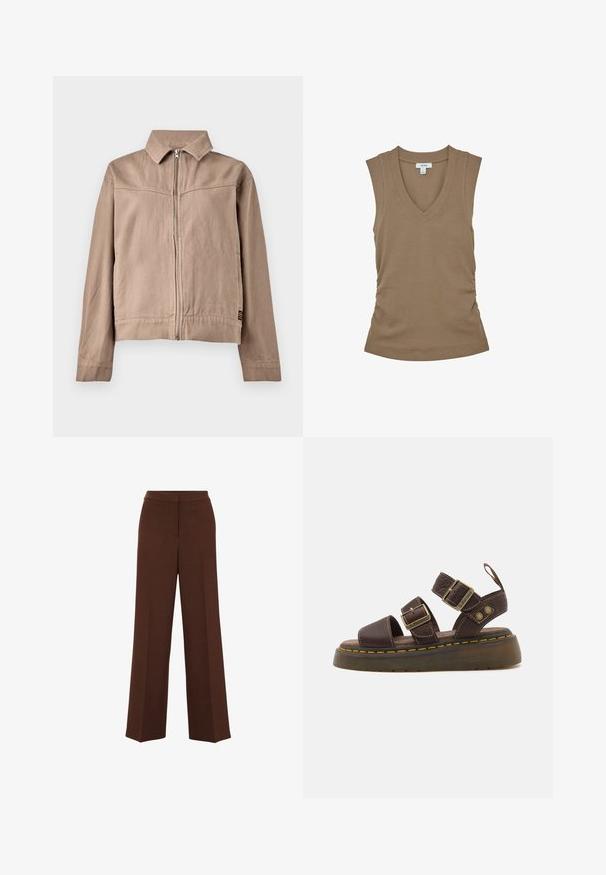 Beige Baumwolljacke mit Kragen, Frontreißverschluss und langen Ärmeln. Verfügt über einen strukturierten Stoff und ein kleines Logotag am Saum.; Beiges ärmelloses Oberteil mit V-Ausschnitt, mit geripptem Muster und seitlicher Raffung. Hergestellt aus weichem, elastischem Stoff.; Braune weit geschnittene Hosen mit glatter Textur, die einen strukturierten Taillenbund und subtile Falten auf der Vorderseite aufweisen.; Braune Leder-Sandalen mit zwei verstellbaren Riemen, Metall-Schnallen und einer strukturierten Mittelsohle. Mit gelben Nähten entlang der Sohle.