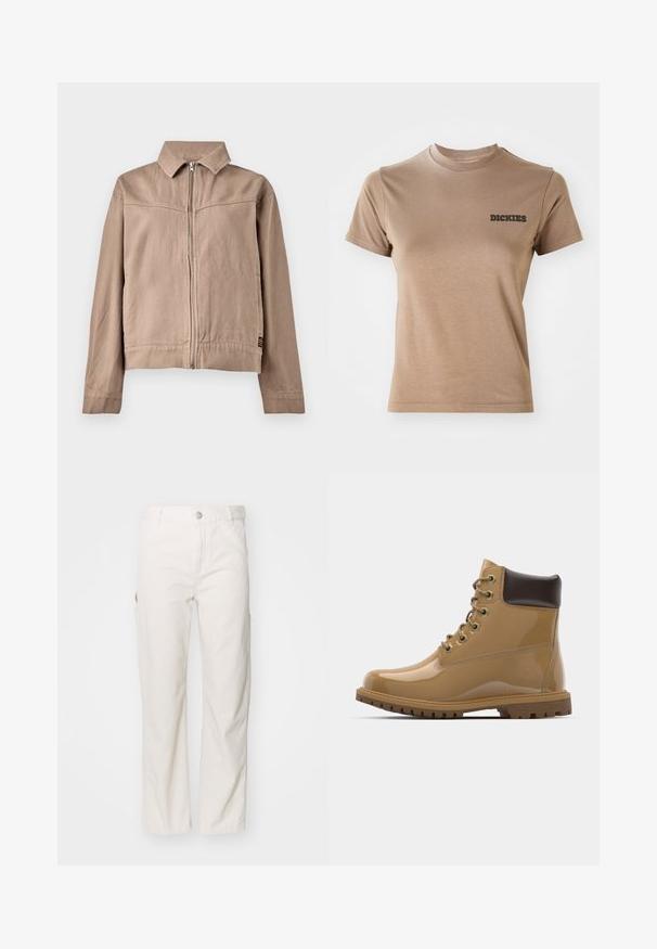 Beige Baumwolljacke mit Kragen, Frontreißverschluss und langen Ärmeln. Verfügt über einen strukturierten Stoff und ein kleines Logotag am Saum.; Braunes Baumwoll-T-Shirt mit kurzen Ärmeln und rundem Halsausschnitt. Mit einem schwarzen "DICKIES"-Logo auf der linken Brustseite. Glatte Textur.; Weiße Baumwoll-Cargohosen mit geradem Bein, ausgestattet mit Seitentaschen und einem Knopfverschluss an der Taille. Weicher Stoff.; Tägliche Schnürstiefeletten aus patentlederen Material in Tan mit braunen Akzenten, runder Zehenpartie, sechs Metallösen, braunen Schnürsenkeln und strukturierten Gummisohlen.