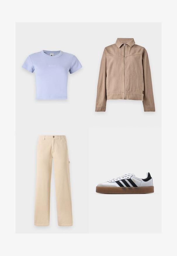 Veste en coton beige avec col, fermeture éclair sur le devant et manches longues. Présente un tissu texturé et une petite étiquette avec logo à l'ourlet.; T-shirt court en coton ribcé de couleur violet clair avec des manches courtes et un col rond. Présente un logo brodé subtil sur le devant.; Pantalons en velours côtelé beige avec une coupe large, texture à côtes verticales, poches avant et détail de bouton sur le côté.; Baskets en cuir blanc avec des rayures noires, semelle extérieure en caoutchouc beige, bout rond, fermeture lacée et embout en suède gris doux.