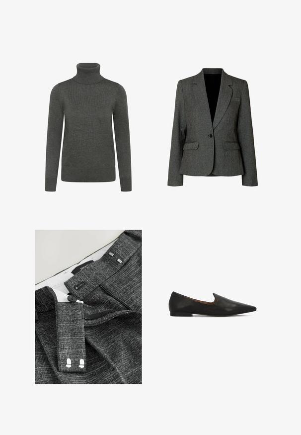 Grå blazer lavet af tekstureret stof, med reverskrave, enkelt knaplukning, to frontlommer og en slank, skræddersyet pasform.; Mørkegrå sweater med rullekrave lavet af strikket stof, med lange ærmer, ribbet krave og manchetter samt en glat tekstur.; Grå strukturerede bukser med knaplukning, lynlås og ekstra kroge, samt sølvfarvede detaljer på taljen og indvendig foring.; Sorte læderballerinaer med spids tå, lav tekstureret hæl og et elegant udskåret område omkring vristen for nem at kunne tage dem af og på.
