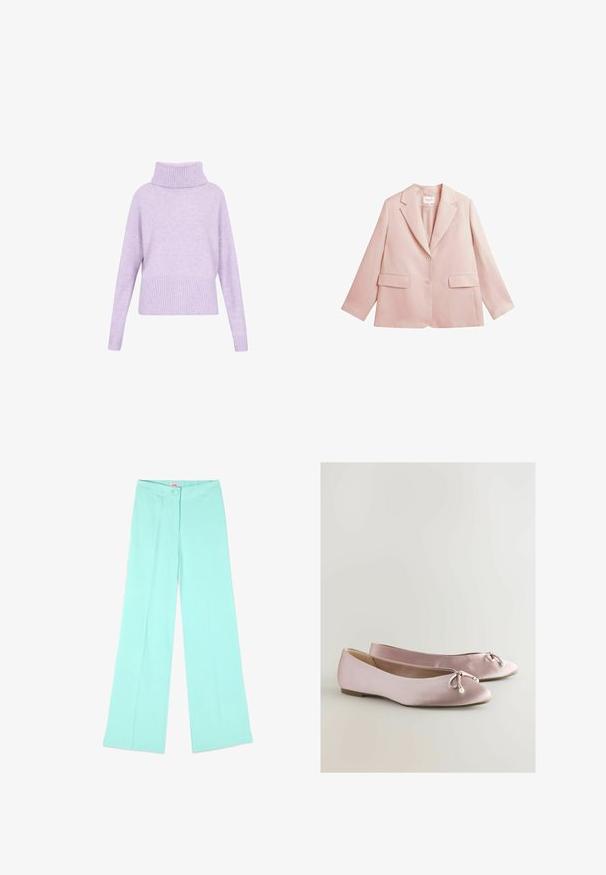 Lichtroze blazer met enkele knopen, twee knopen, ingesneden revers, klepzakken en lange mouwen, afgebeeld tegen een witte achtergrond.; Lila trui met een hoge geribbelde col, drop shoulders en geribbelde zoom. Gemaakt van zachte stof met een soepele textuur.; Lichtblauwe wijde broek met hoge taille, knoopsluiting aan de voorkant en ritssluiting, afgebeeld tegen een witte achtergrond.; Roze satijnen balletschoenen met een ronde neus, decoratieve strik en parelaccent. Platte zool met een gladde textuur en een laag profiel.