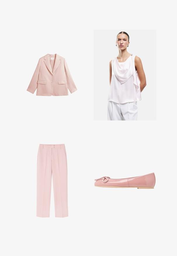 Lyserød enkeltbrystet blazer med to knapper, hakkede revers, klaplommer og lange ærmer, vist på hvid baggrund.; Kvinde med tilbagelagt hår iført ærmeløs blegrosa draperet bluse og hvide bukser mod ensfarvet hvid baggrund.; Lyserøde bukser med skræddersyet design, der har to sidelommer, en glat tekstur og folder foran for ekstra detalje.; Lyserøde patentlæder balletflade med en rund tå, rebdetalje foran og en beige gummisål. Glat, blank finish overalt.