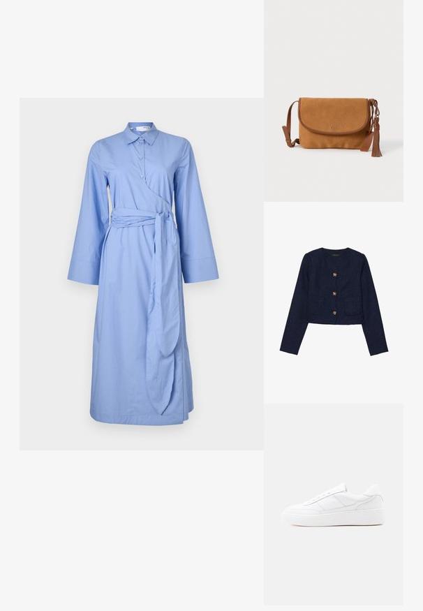 Marineblaue, kurz geschnittene Jacke aus strukturiertem Stoff, mit rundem Halsausschnitt, langen Ärmeln und sechs dekorativen Knöpfen in goldfarbener Ausführung.; Blaues Baumwollkleid mit Kragen, langen Ärmeln, Wickeldesign und gebundenem Taillengürtel, mit einer glatten Textur.; Weißer Low-Top-Sneaker mit dicker Sohle, Schnürdesign und dezenten Nahtdetails auf hellem, einfachem Hintergrund.; Braune Wildleder-Umhängetasche mit Lederbesatz, Druckknopfverschluss und einer dekorativen Quaste. Verfügt über ein schlichtes Design und einen verstellbaren Riemen.