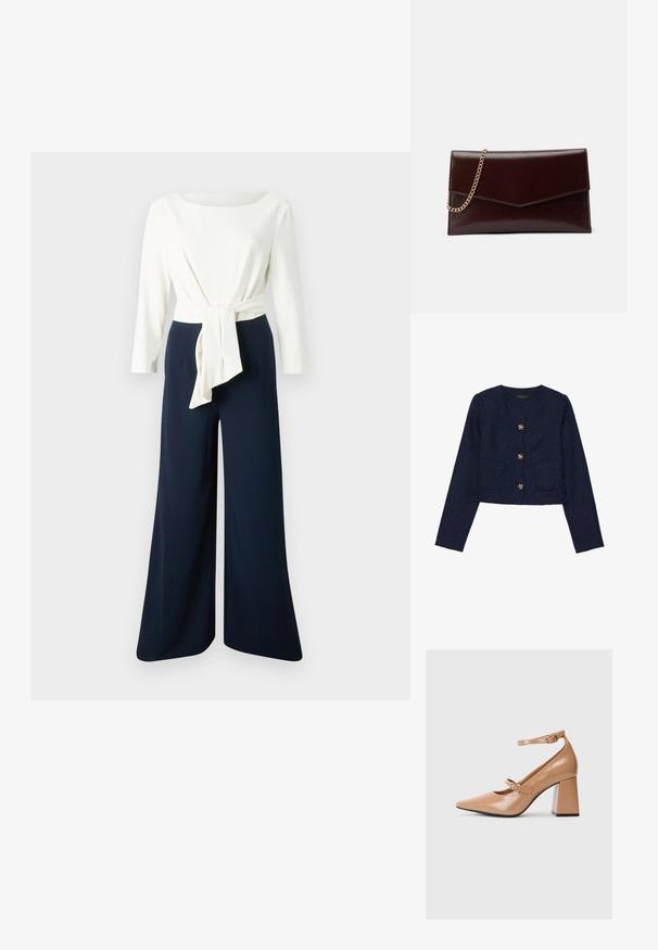 Veste cropped bleu marine en tissu texturé, avec un col rond, des manches longues et six boutons décoratifs en ton doré.; Haut blanc à manches longues avec un détail de taille nouée, associé à un pantalon large bleu marine, présentant un tissu lisse et une silhouette décontractée.; Chaussures à talons hauts en cuir verni beige avec un bout pointu, une bride de cheville et un talon carré épais. Texture lisse avec une finition brillante.; Sac à main en cuir de couleur bordeaux foncé avec un design en forme d'enveloppe. Il dispose d'une anse en chaîne dorée, d'une texture lisse et d'une fermeture en pointe.