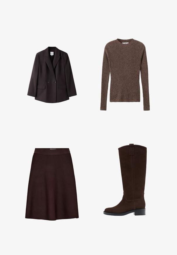 Zwarte dubbelgeknoopte blazer met inkepingkraag, twee knopen, lange mouwen en voorzakken met kleppen, weergegeven op een witte achtergrond.; Bruine geribbelde gebreide trui met een ronde halslijn en lange mouwen, met een textuurstof en een getailleerde pasvorm.; Donkerbruine A-lijn rok met een aangesloten tailleband, gemaakt van een glad, gestructureerd stof, weergegeven op een witte achtergrond.; Hoge donkerbruine suède laars met een lage gestapelde hak en een afgeronde neus, voorzien van een trekkoord aan de bovenkant van de schacht.