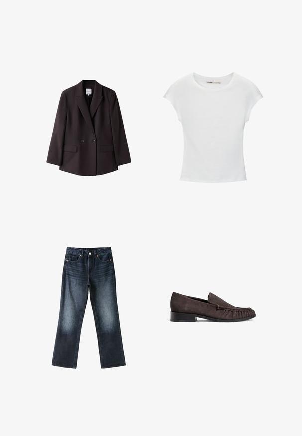 Blazer noir croisé avec revers en encoche, deux boutons, manches longues et poches avant à rabat, présenté sur fond blanc.; T-shirt en coton blanc avec manches courtes retroussées, encolure ronde et ourlet droit. Texture lisse sans motifs ni accents visibles.; Jean bleu foncé à jambes droites avec poches avant, passants de ceinture, fermeture par bouton et légère décoloration aux cuisses et aux genoux.; Mocassins en suede marron avec un petit talon noir et des détails froncés à l'avant. Texture lisse, bout arrondi et design minimaliste.