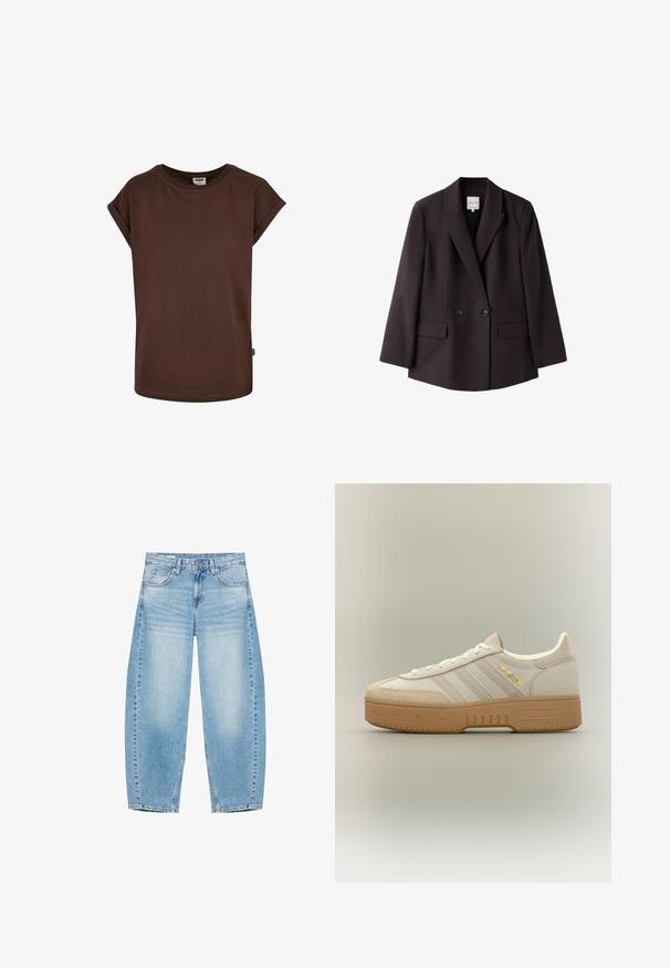 Blazer noir croisé avec revers en encoche, deux boutons, manches longues et poches avant à rabat, présenté sur fond blanc.; T-shirt en coton marron avec des manches courtes roulées, un col rond et une coupe ample. Présente une petite étiquette sur la couture latérale.; Jean en denim bleu clair avec une taille haute, des jambes droites larges, des poches avant, et une fermeture par bouton et zip.; Baskets Adidas crème et beige avec semelle en gomme, trois bandes sur le côté et "SPECIAL" écrit en or près des lacets.