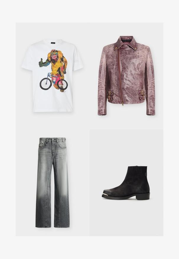 Abgenutzte lila Leder-Bikerjacke mit diagonalem Reißverschluss, Druckknopfkragen, Reißverschlusstaschen und doppelten Schnallen an den Seiten.; Weißes Baumwoll-T-Shirt mit einem bunten grafischen Motiv eines Charakters, der einen Daumen nach oben zeigt, während er Fahrrad fährt.; Graue Jeans aus Denim mit hoher Taille und weitem Bein, ausgewaschen, mit vorderen Taschen, Gürtelschlaufen und Knopfverschluss.; Schwarze Knöchelstiefel aus Wildleder und Leder, mit gerundeter Zehenpartie, kleinem Absatz, silbernen metallischen Akzenten an der Zehenpartie und elastischen Seitenpanelen.