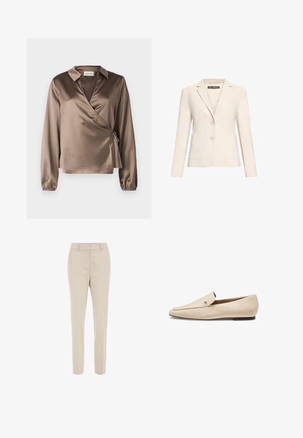Cremefarbener, maßgeschneiderter Blazer mit zwei Knöpfen, Revers mit Kerb, langen Ärmeln und zwei aufgesetzten Taschen vorne.; Braune Satin-Wickelbluse mit langen Ärmeln, Kragen und einem seitlichen Bindedetail. Glatte Textur mit leichtem Glanz, präsentiert sich mit einem V-Ausschnitt.; Beige Maßhose, mit geradem Bein, glatte Textur, mit flachem Bund und Gürtelschlaufen, geeignet für formelle oder legere Anlässe.; Beiger Leder-Slipper mit spitzer Zehenpartie, flacher schwarzer Sohle und kleinem metallischem Logodetail in der Nähe des oberen Randes.